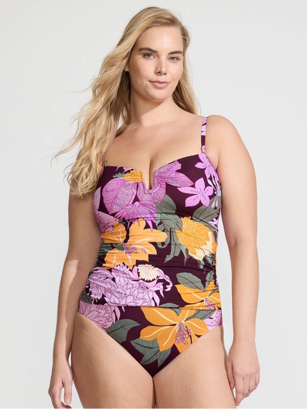 Lands' End Tankini Swimsuit Bathing Suit Top in Plum, Orange & Cream Floral 18L